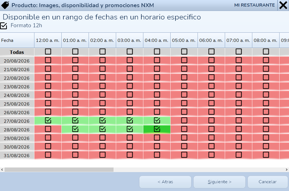 Disponibilidad por fecha y horario