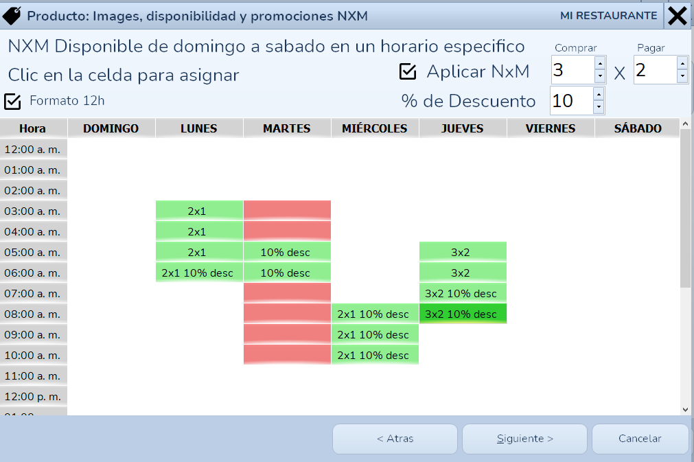 Promociones NxM por horario
