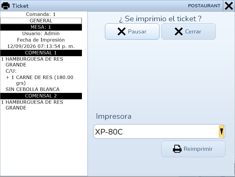 Ticket de cocina Postaurant